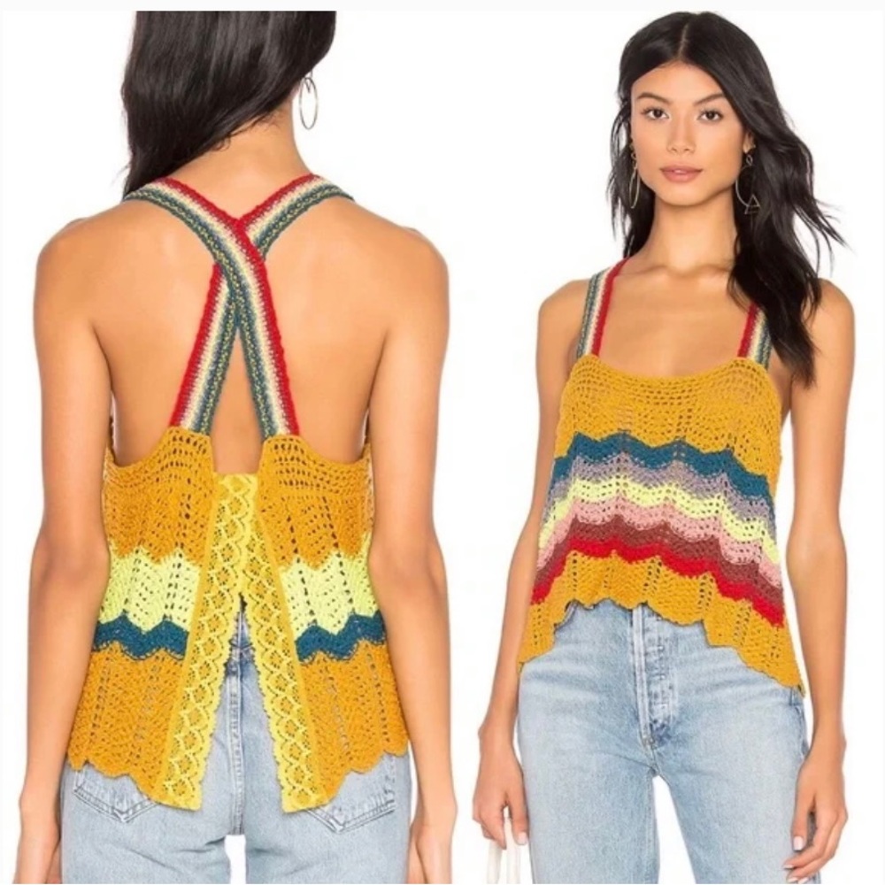 Winding Road Tank in Yellow  knit tank  crochet open back size M